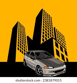 jdm car in the city vector logo design