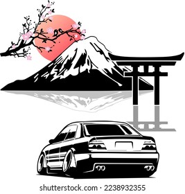 Coche JDM. Auto japonés. arte de la cultura del coche. monstruo tori gate fondo silueta de montaje fuji y flor sakura con vector del sol.