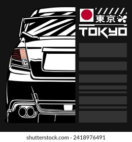 Jdm car legacy car with japan kanji mean Tokyo in English. Japan car rear view jdm street car vector