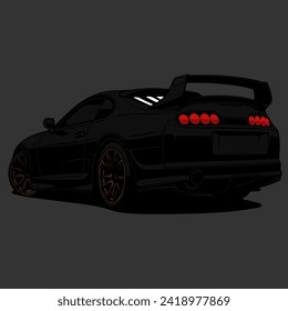 jdm car with powerful engine mk4 iconic japan coupe car. famous jdm car from 90's era. dark black street car with bronze rims 