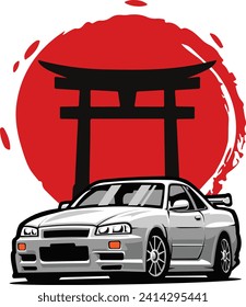 Auto JDM con sun y torii gate Sticker. vector de icono JDM