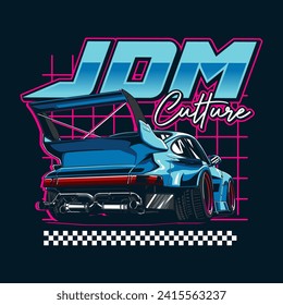 Diseño de camisetas de coche JDM con texto en la parte superior por gráfico. Perfecto para tapicería, afiche, fondo, diseño de camisetas y diseño de impresión.