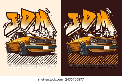 JDM car t-shirt design with text on top using black background and white background. Perfect for wallpaper, poster, background, t-shirt design, and printing design.