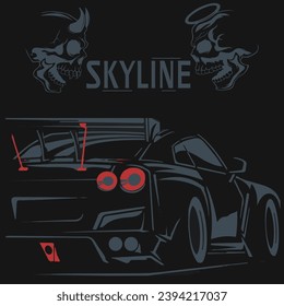 JDM CAR VECTOR ILLUSTRATION ellement. Black Skyline in the night whit demon skull isolated in black background