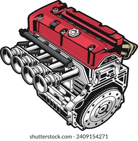 JDM engine inline 4 cylinder engine illustration vector.