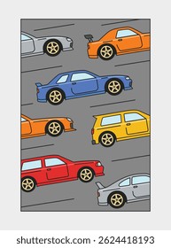JDM Japanese domestic market cars t shirt, poster design. Tuner Fast cars in busy speed rush traffic vector illustration