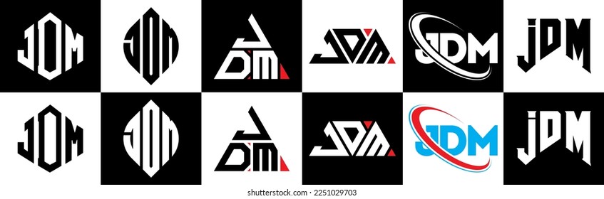JDM letter logo design in six style. JDM polygon, circle, triangle, hexagon, flat and simple style with black and white color variation letter logo set in one artboard. JDM minimalist and classic logo