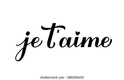 Je t’aime calligraphy hand lettering. I Love You inscription in French. Valentines day typography poster. Vector template for banner, postcard, greeting card, t-shirt, logo design, flyer, sticker, etc