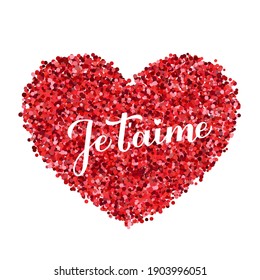 Je t’aime calligraphy hand lettering. I Love You inscription in French. Valentines day greeting card. Vector template for banner, postcard, poster, t shirt, logo design, flyer, sticker, etc.