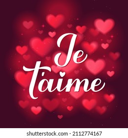 Je t’aime calligraphy hand lettering on red background. I Love You in French. Valentines day typography poster. Vector template for banner, postcard, greeting card, logo design, flyer, etc.