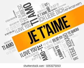 Je t’aime (I Love You in French) in different languages of the world, word cloud background