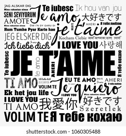 Je t’aime (I Love You in French) in different languages of the world, word cloud background