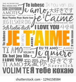 Je t’aime (I Love You in French) in different languages of the world, word cloud background