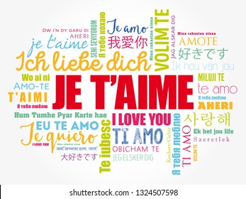 Je t’aime (I Love You in French) in different languages of the world, word cloud background