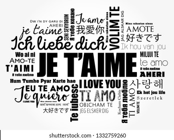 Je t’aime (I Love You in French) in different languages of the world, word cloud background