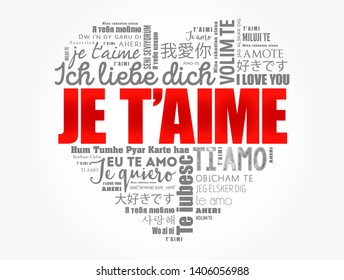 Je t’aime (I Love You in French) love heart word cloud in different languages of the world