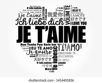 Je t’aime (I Love You in French) love heart word cloud in different languages of the world