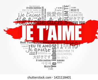 Je t’aime (I Love You in French) love heart word cloud in different languages of the world