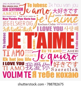 Je t’aime (I Love You in French) in different languages of the world, word cloud background