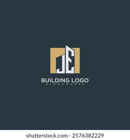 JE initial letter building logo for real estate with square design