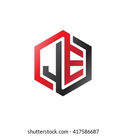 JE initial letters looping linked hexagon logo red black