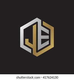 JE initial letters looping linked hexagon elegant logo golden silver black background