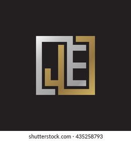 JE initial letters looping linked square elegant logo golden silver black background