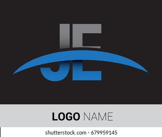 JE initial logo company name colored grey and blue swoosh design.