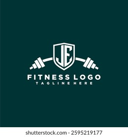 JE initial monogram for fitnes or gym logo with creative shield and barbell design