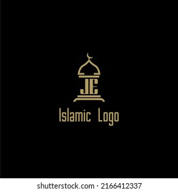 JE initial monogram for islamic logo with mosque icon design