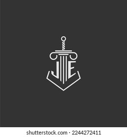 JE initial monogram law firm with sword and pillar logo design