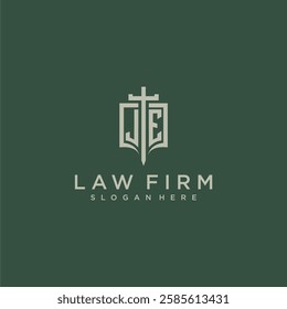 JE initial monogram for law firm with sword and shield logo image