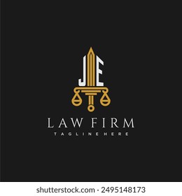 JE initial monogram for lawfirm logo with sword and scale