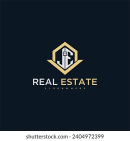 JE initial monogram logo for real estate with home shape creative design