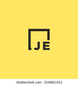 JE initial monogram logo with square style design