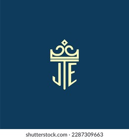 JE initial monogram shield logo design for crown vector image