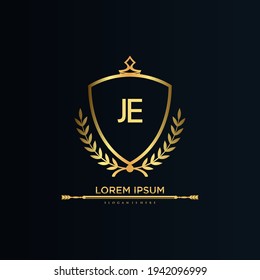 JE Letter Initial with Royal Template.elegant with crown logo vector, Creative Lettering Logo Vector Illustration.