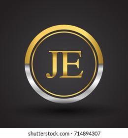 JE Letter logo in a circle, gold and silver colored. Vector design template elements for your business or company identity.