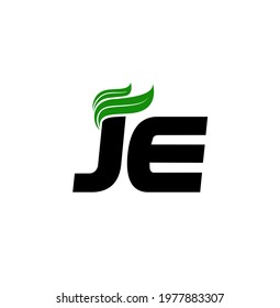 JE letters and green leaf. JE company logo monogram