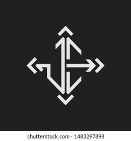 JE Logo Abstrac letter Monogram with Arrow in every side isolated on black background