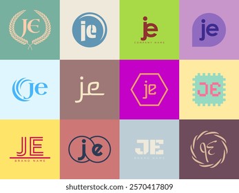 JE logo company template. Letter j and e logotype. Set different classic serif lettering and modern bold text with design elements. Initial font typography. Collection trendy business identity.