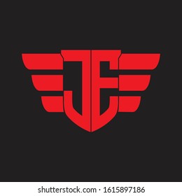 JE Logo monogram with emblem and wings element design template on red colors
