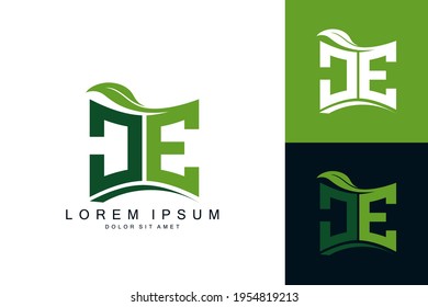 JE logo monogram with green leaf nature organic bio curved shape premium vector design template