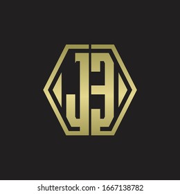 JE Logo monogram with hexagon line rounded design template with gold colors