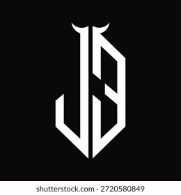 Monograma JE Logo com forma de chifre isolado preto e branco modelo de design em fundo preto