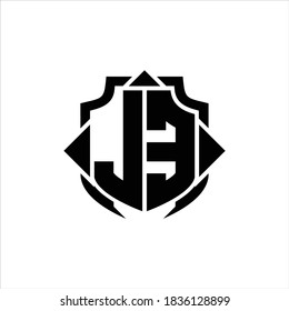 JE Logo monogram with shield line and 3 arrows shape design template on white background