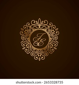 JE Monograma Logo com Quadro Ornamental Dourado no Fundo Escuro - Design Inicial de Luxo