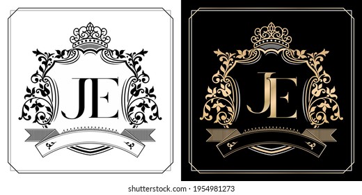 JE royal emblem with crown, set of black and white labels, initial letter and graphic name Frames Border of floral designs, JE Monogram, for insignia, initial letter frames border, wedding couple name