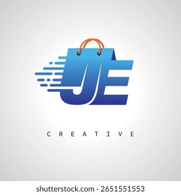 Monograma de compras JE - Logotipo de comércio eletrônico de entrega rápida com ícone de saco e marca digital para loja online, varejo e identidade logística

