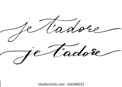 Je t'adore french love phrase valentine day I adore you in French. Handwritten black text isolated on white background, vector. Each word is on the separate layer